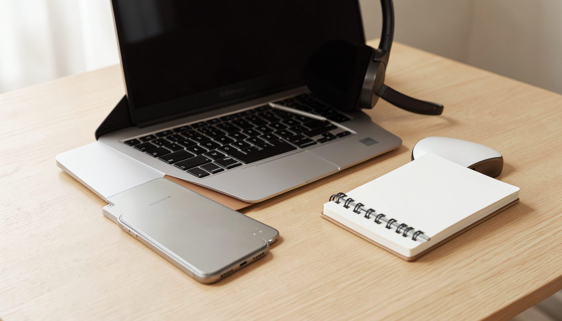 A clean modern desk setup with a laptop, smartphone, headphones, and a notebook arranged on a light wood surface, warm neutral tones