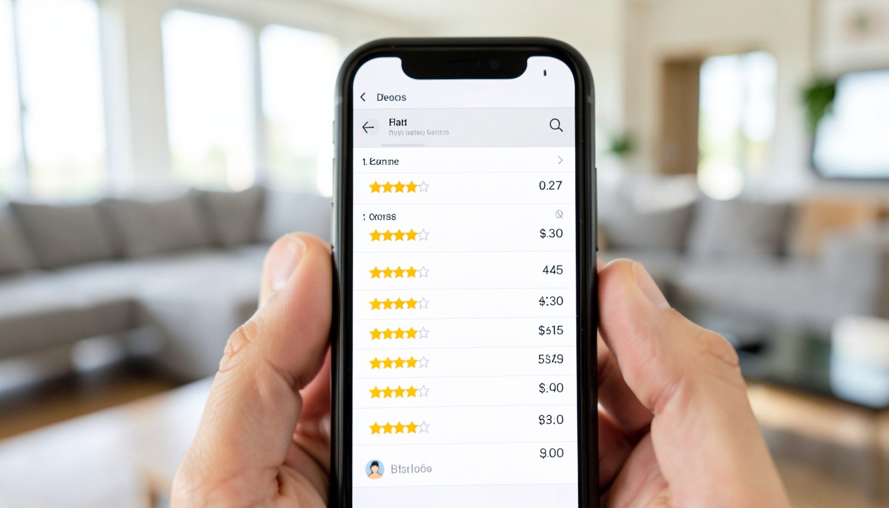A close-up of a smartphone screen showing a product ranking table with star ratings and scores, held against a blurred background