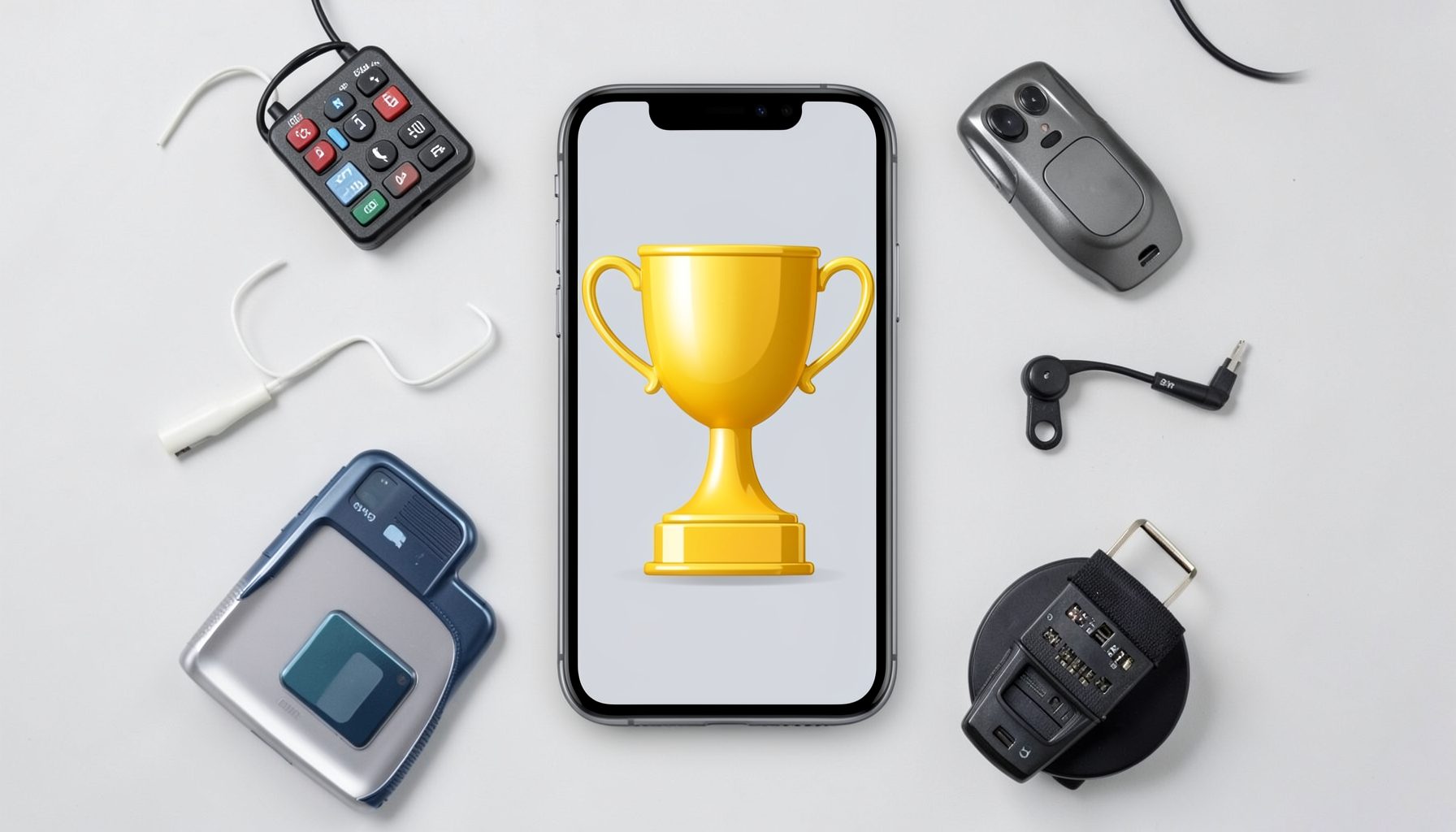 A gold trophy icon on a smartphone screen surrounded by various consumer gadgets on a light grey background, conveying a ranking theme