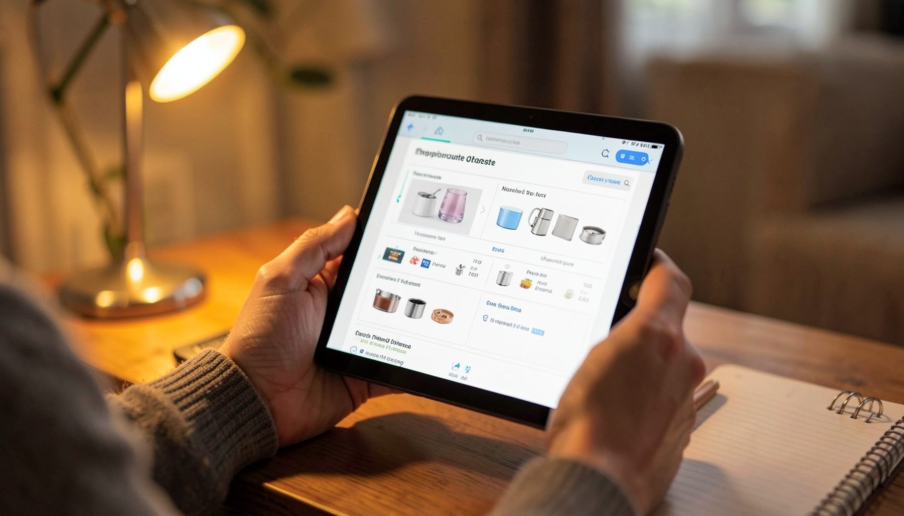 A person's hands holding a tablet displaying product comparison charts, with a warm desk lamp glow and a notebook nearby
