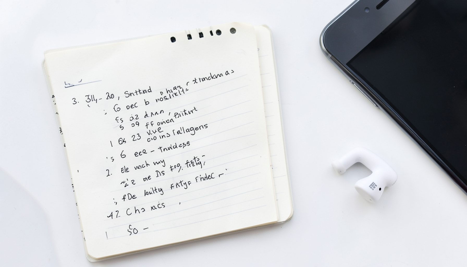 A top-down view of a numbered list on a notepad next to a smartphone, tablet, and wireless earbuds on a clean white desk