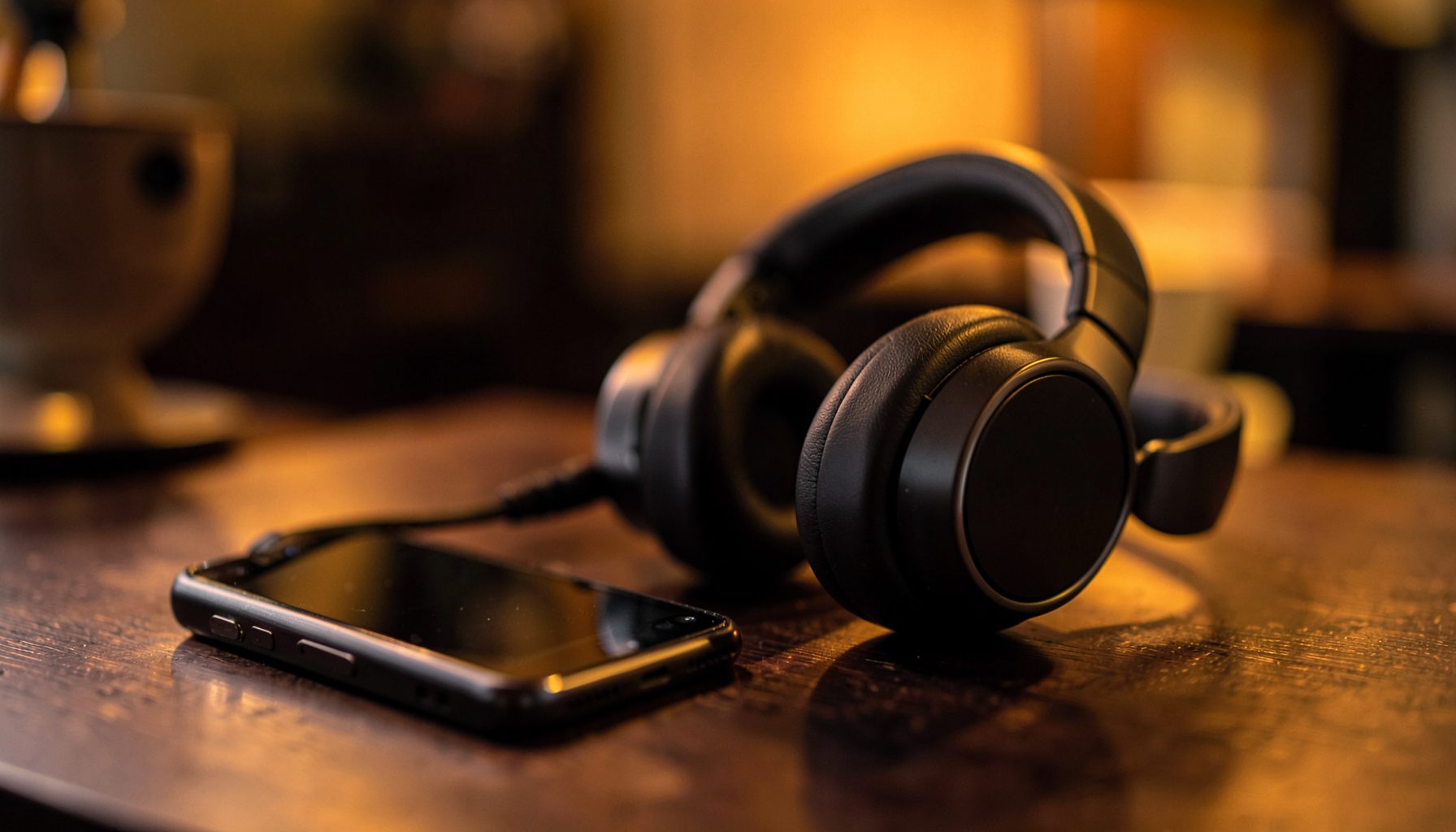 Over-ear headphones resting on a dark wooden desk beside a smartphone, with warm amber lighting and a soft-focus background